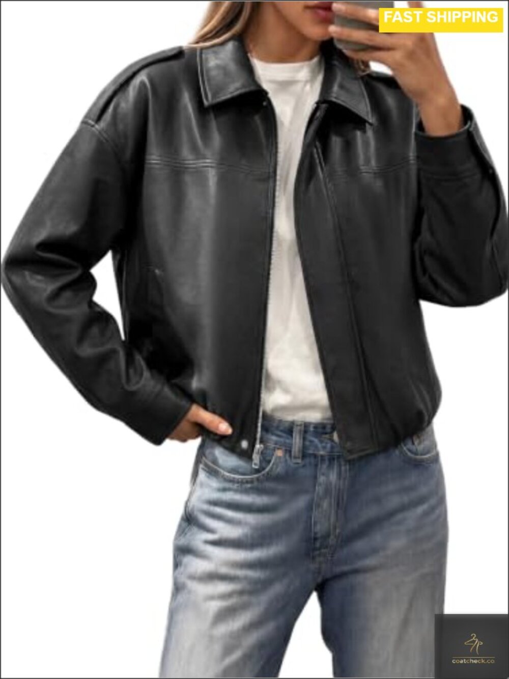 Womens Cropped Faux Leather Jacket Oversized Bomber Zip Up Coat